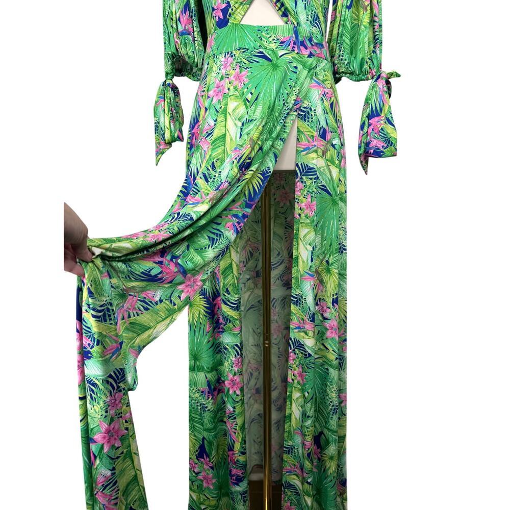 Tropical Palm Print Resort Maxi Dress Beach Cover Up Twist Front Size Large - Picture 3 of 11